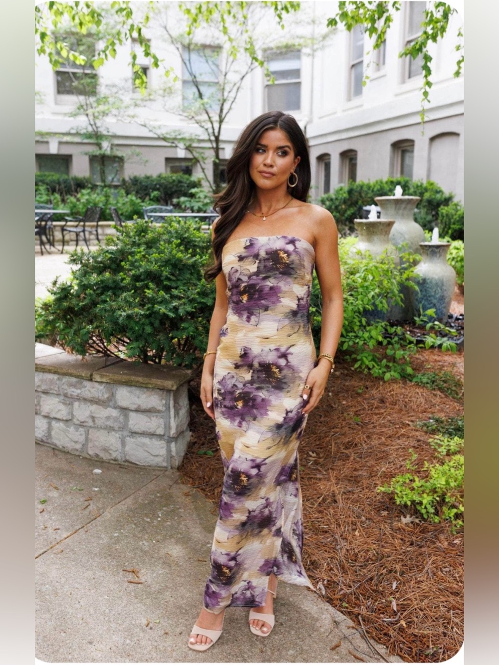Strapless Floral Maxi Dress in Purple and Cream